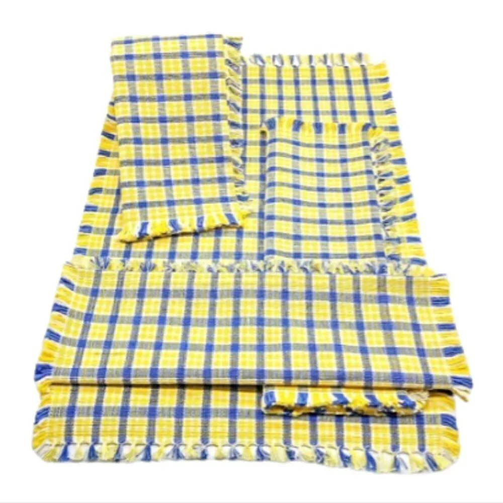 Set of 4 Blue Yellow Plaid Check Fringed Cotton Placemats